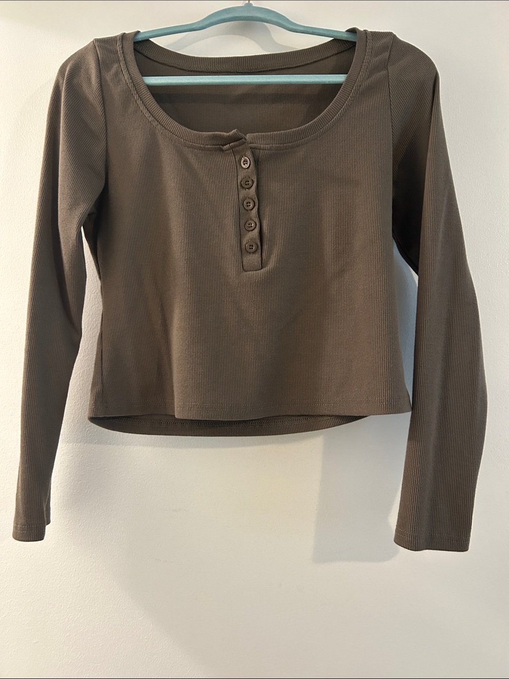 Amazon Women's Brown Long-Sleeve Scoop Neck Henley Top